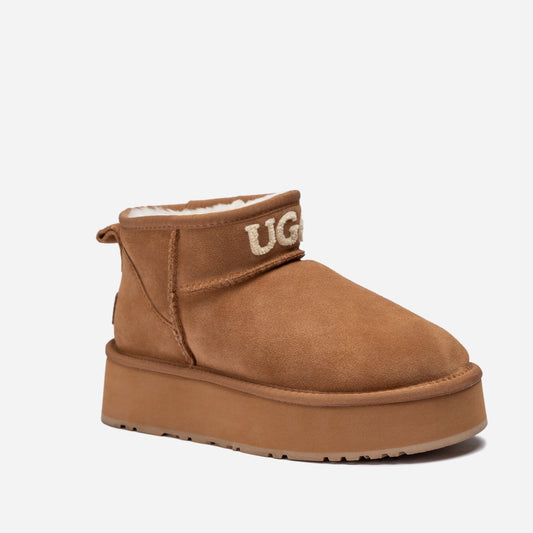 OZWEAR UGG CLASSIC  PLATFORM KNIT LOGO ULTRA MINI BOOTS(WATER RESISTANT)(4CM) OB658PL